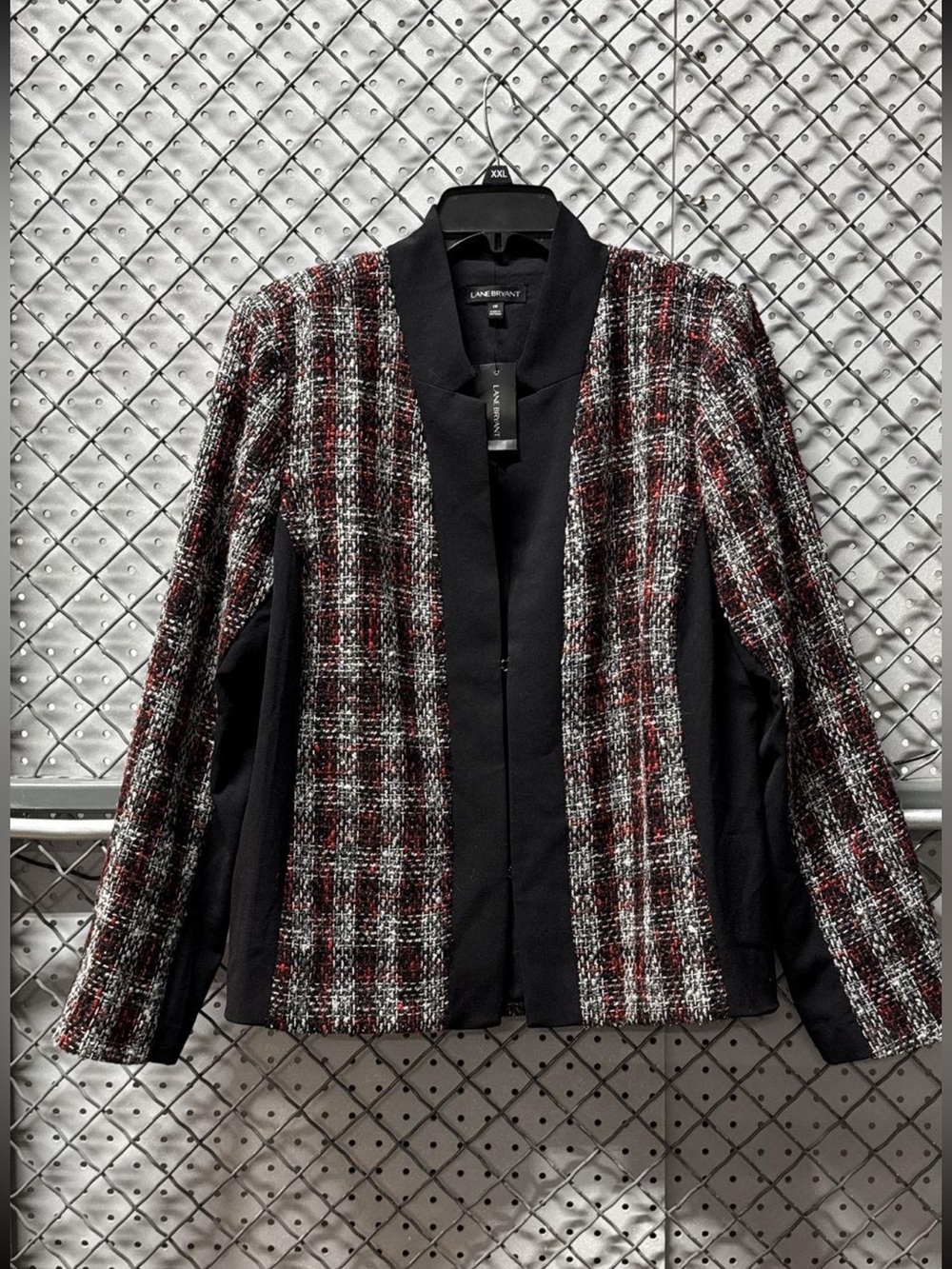 Lane Bryant Black and Burgundy Tweed Open-Front Blazer